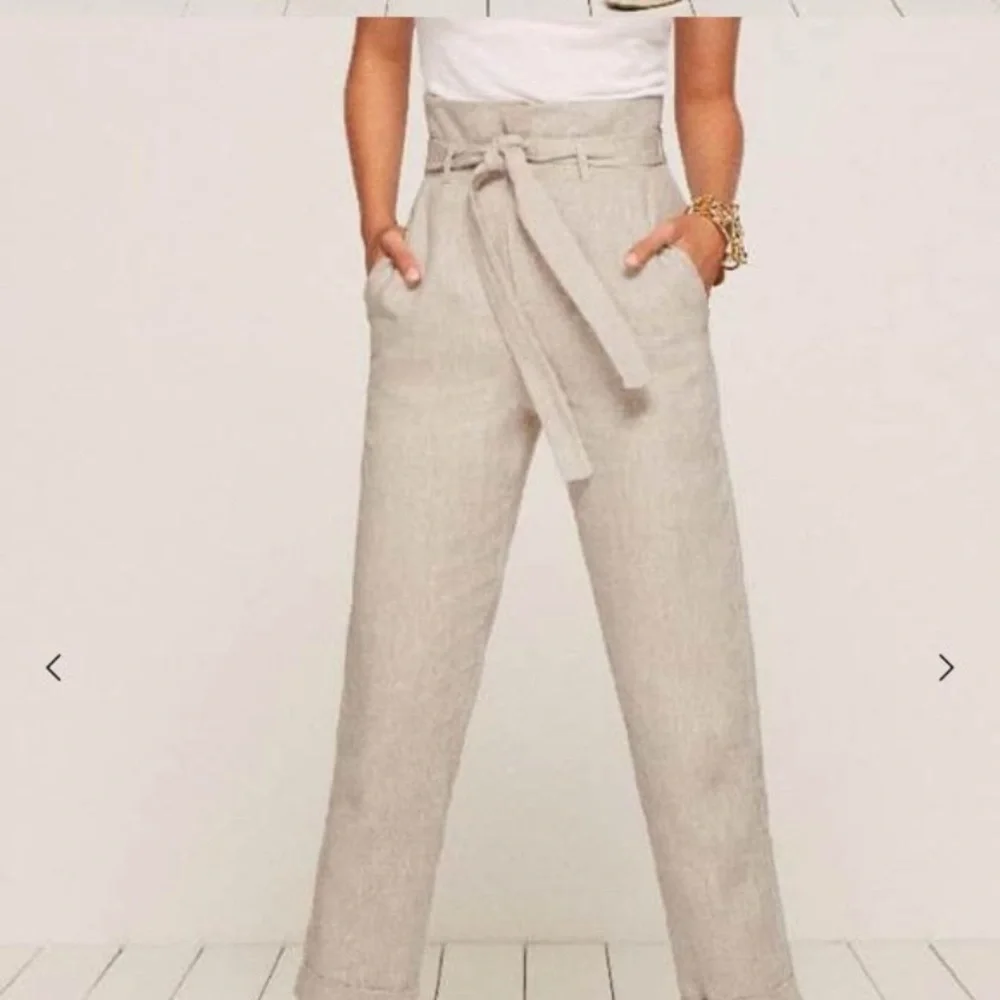 Reformation Fisher Paperbag Linen Straight Leg Cuffed Ankle Pants tan fall boho